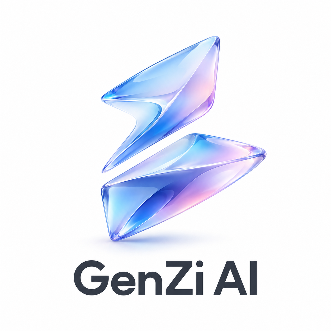 Logo asli GenZi AI 3D, simbol dua bidang kaca biru dan lavender